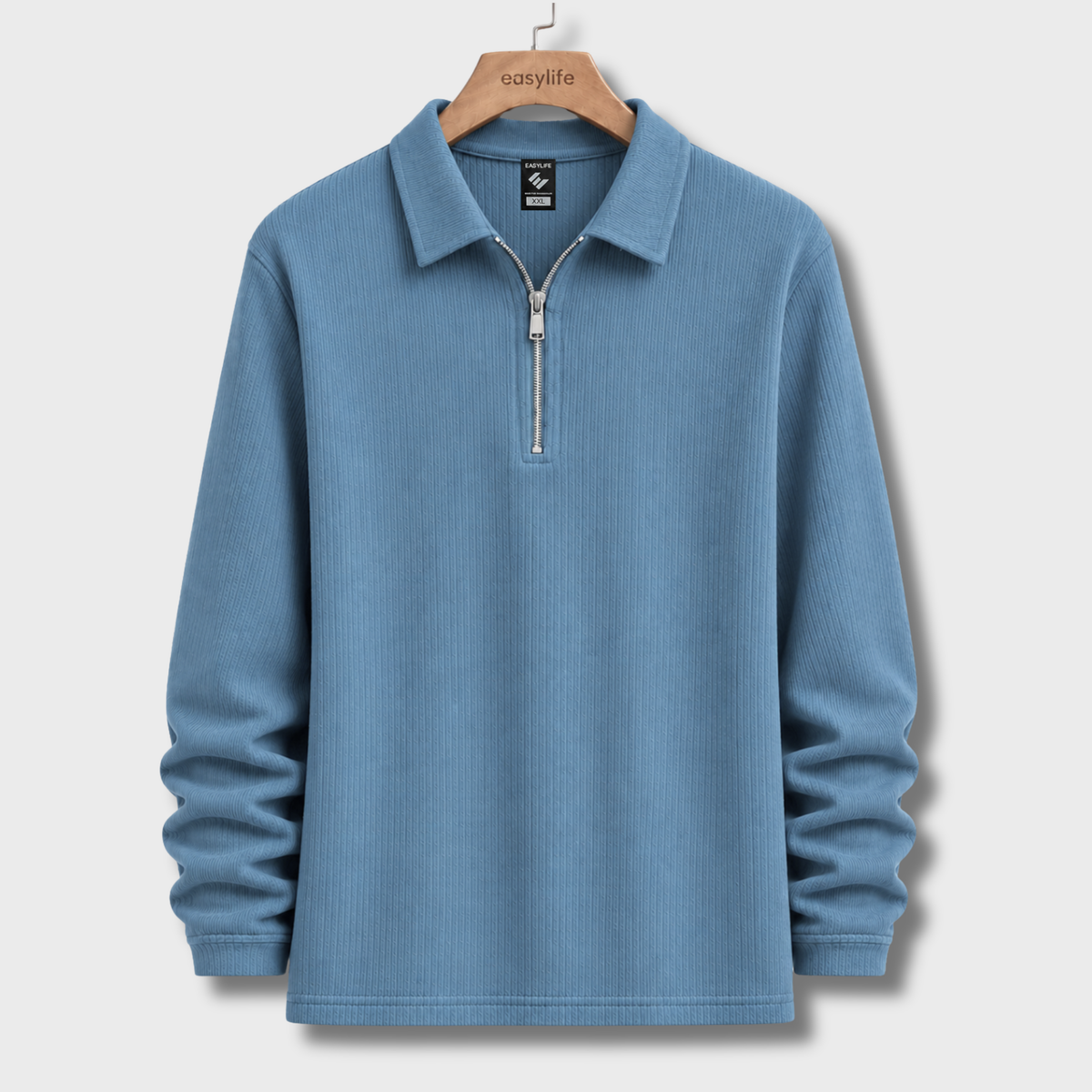 Ribbed Quarter-Zip Polo - Steel Blue