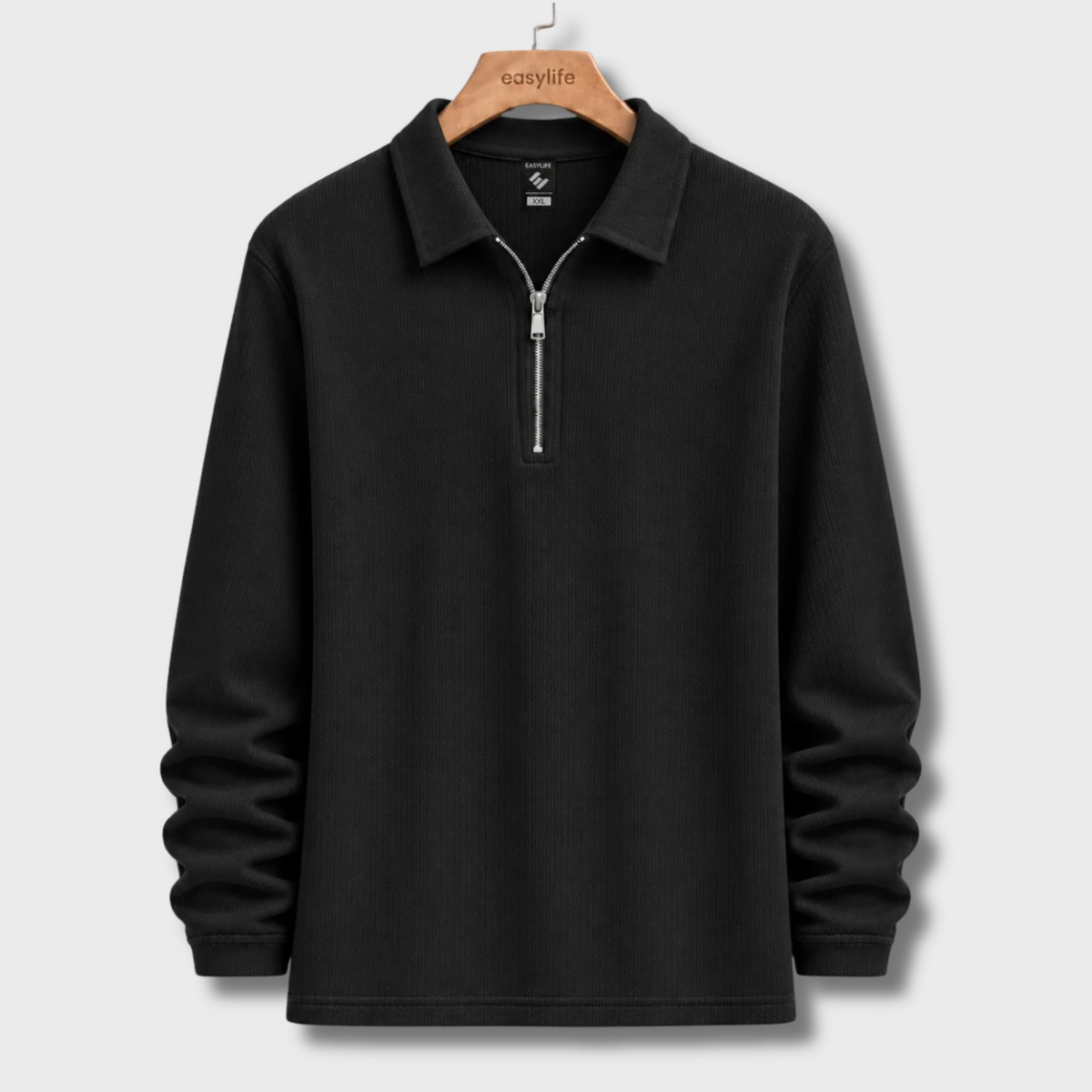 Ribbed Quarter-Zip Polo - Black
