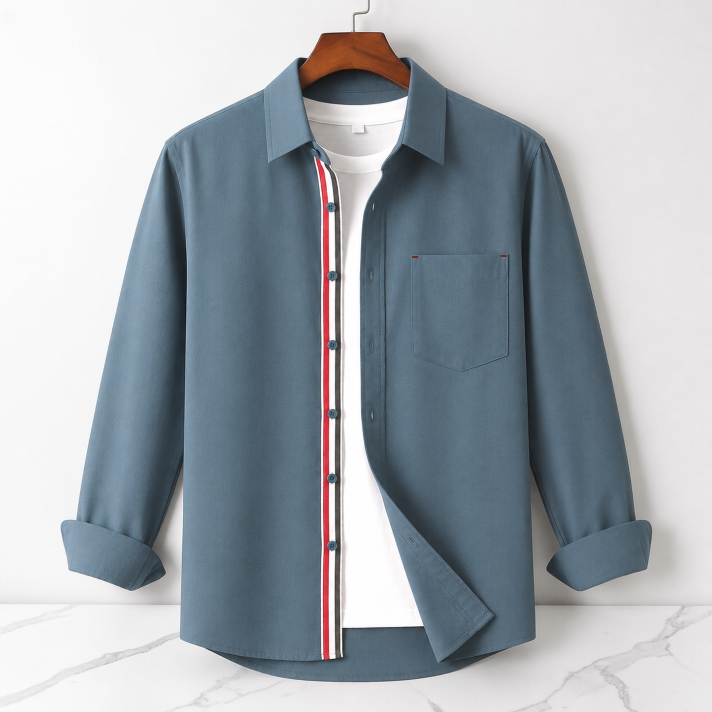 Contrast Placket Full Sleeve Shirt - Steel Blue