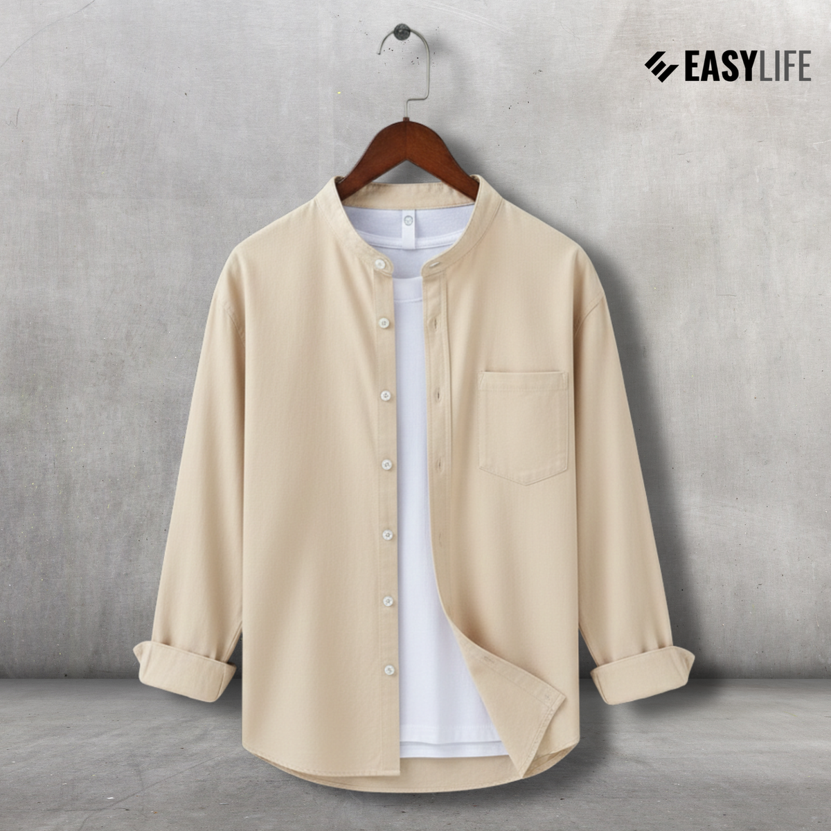 Band Collar Full Sleeve Shirt - Cream