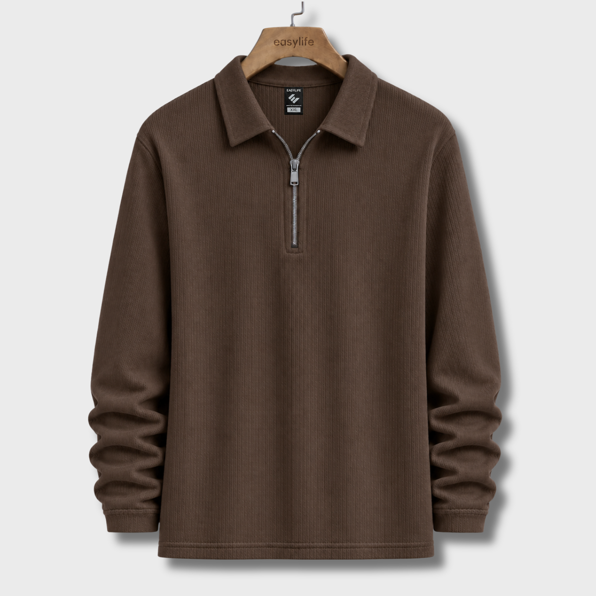 Ribbed Quarter-Zip Polo - Chocolate
