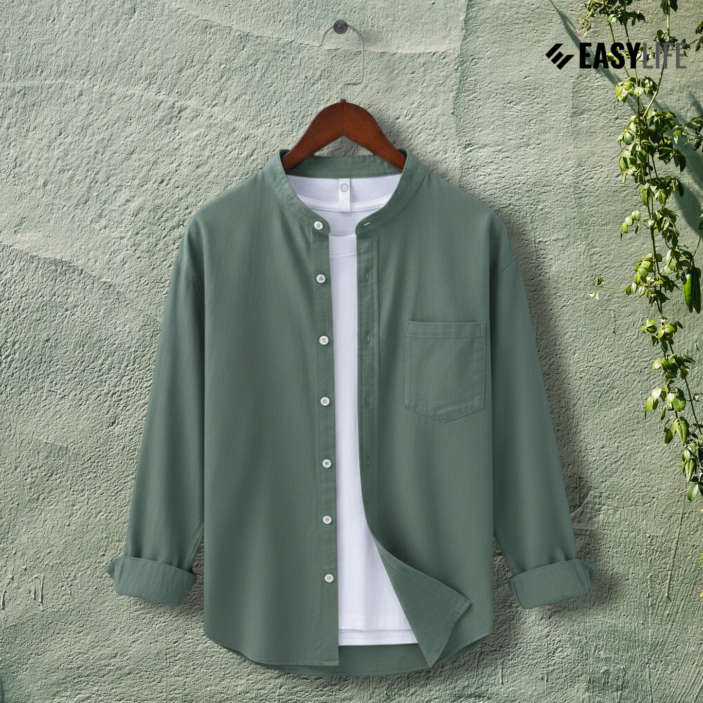 Band Collar Full Sleeve Shirt - Sea Green