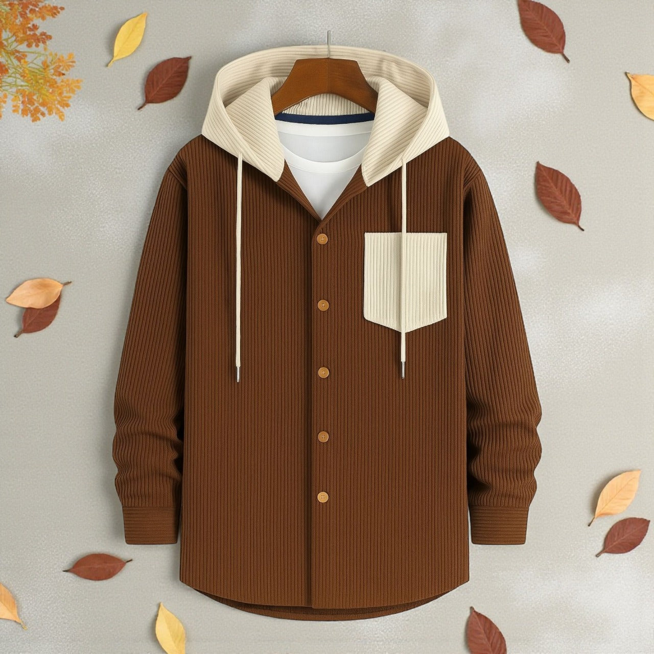 Luxury Full Sleeve Cord Hoodie -Lite Brawn