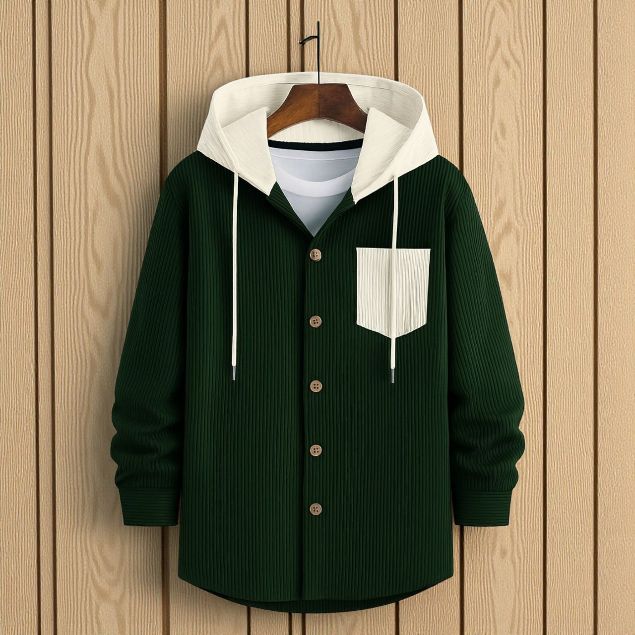 Luxury Full Sleeve Cord Hoodie -Bottle Green