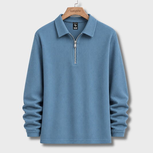 Ribbed Quarter-Zip Polo - Steel Blue