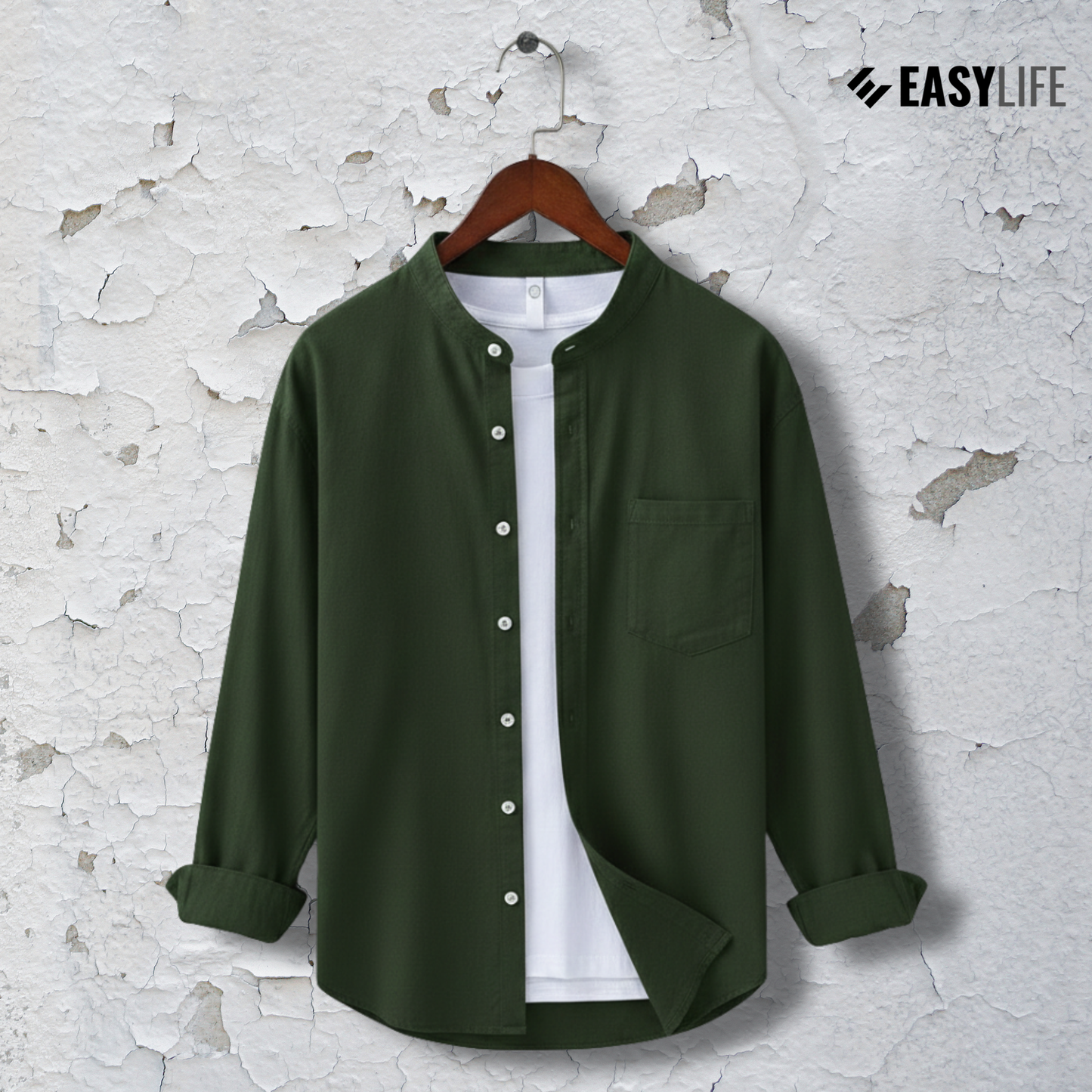 Band Collar Full Sleeve Shirt - Green