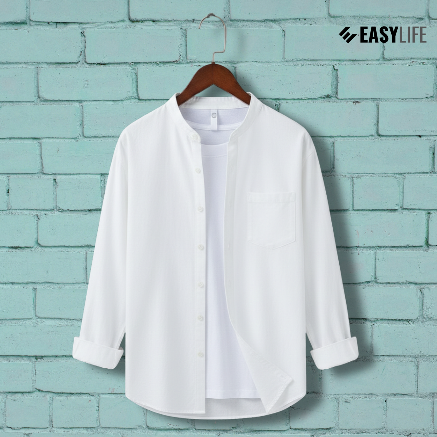 Band Collar Full Sleeve Shirt - White