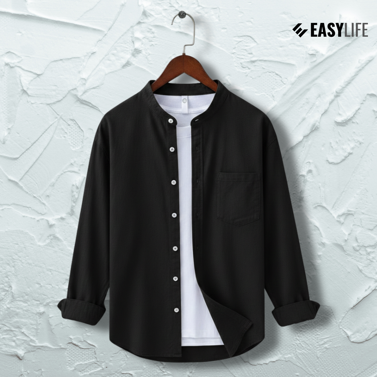 Band Collar Full Sleeve Shirt - Black