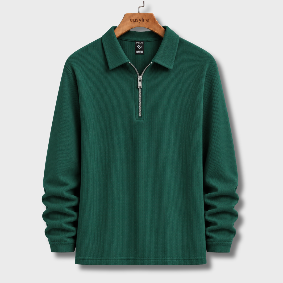 Ribbed Quarter-Zip Polo - Bottle Green