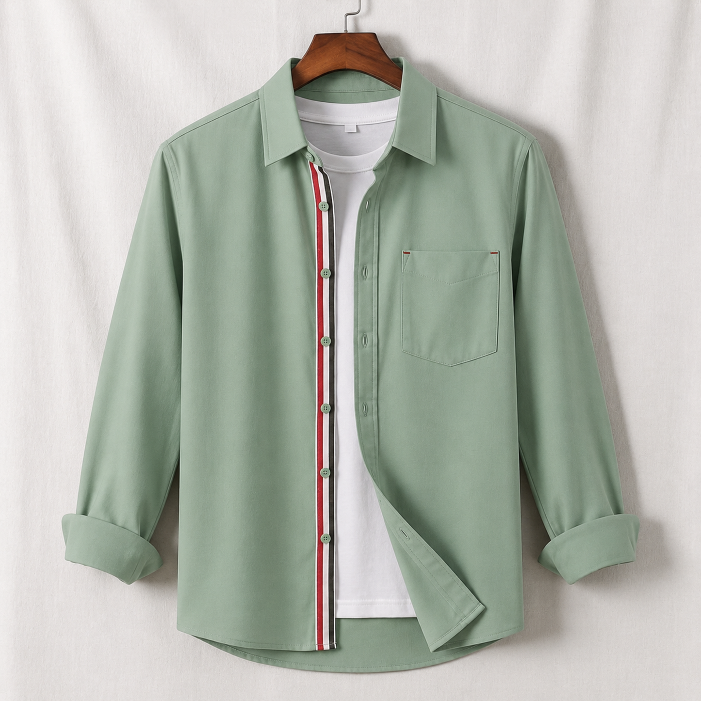 Contrast Placket Full Sleeve Shirt - Sage Green