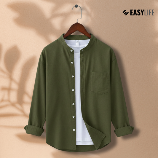 Band Collar Full Sleeve Shirt - Olive