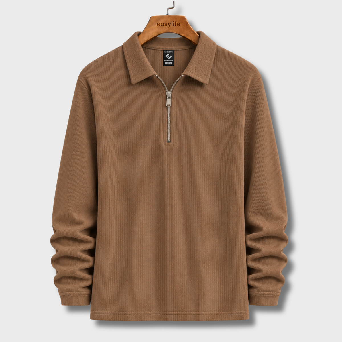 Ribbed Quarter-Zip Polo - Brown