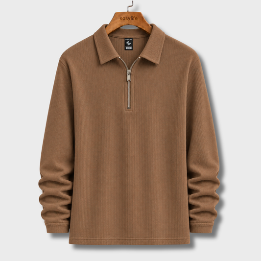 Ribbed Quarter-Zip Polo - Brown