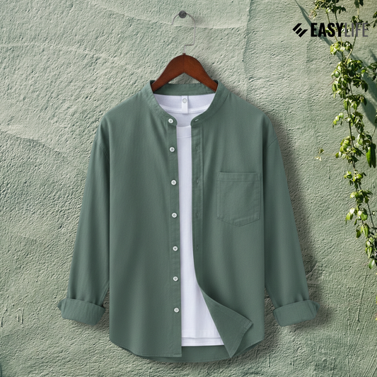Band Collar Full Sleeve Shirt - Sea Green