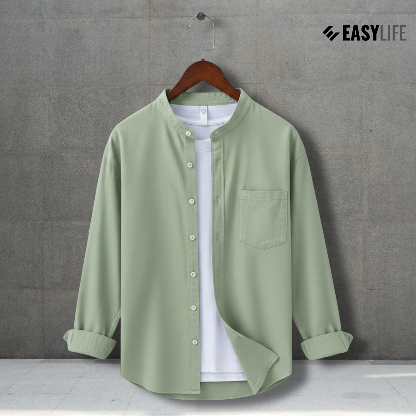 Band Collar Full Sleeve Shirt - Lemon