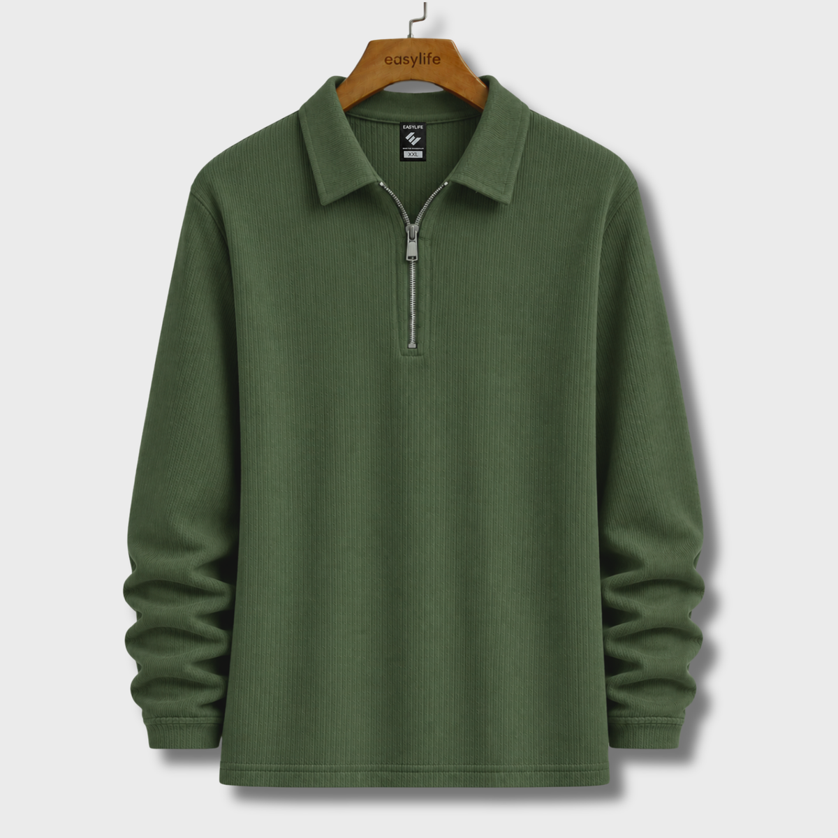 Ribbed Quarter-Zip Polo - Olive