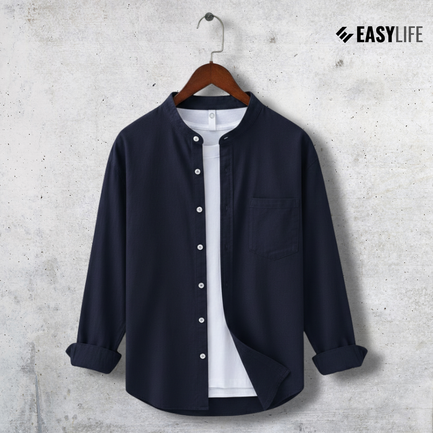 Band Collar Full Sleeve Shirt - Navy