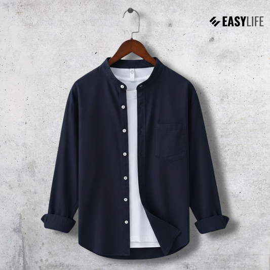 Band Collar Full Sleeve Shirt - Navy